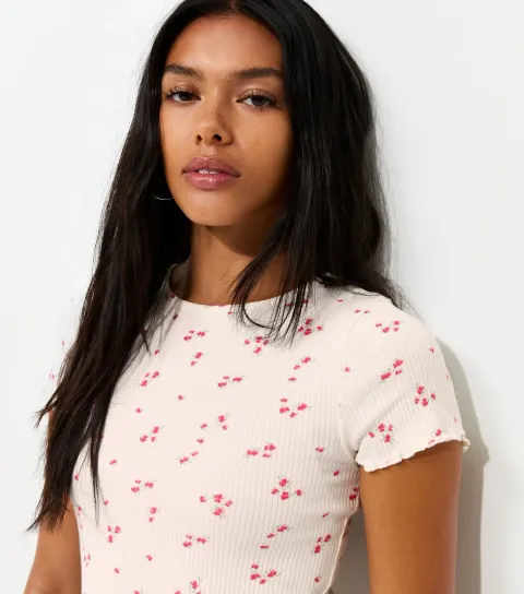 Women's Cream Cotton Rich Ribbed Ditsy Print Babylock T-Shirt