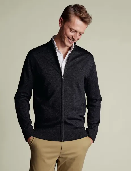 Charles Tyrwhitt Pure Merino Wool Funnel Neck Cardigan Dark Grey