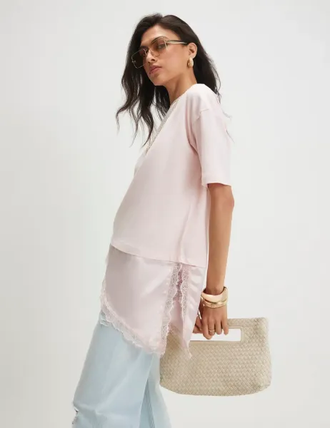 River Island Lace Detail T-Shirt Pink