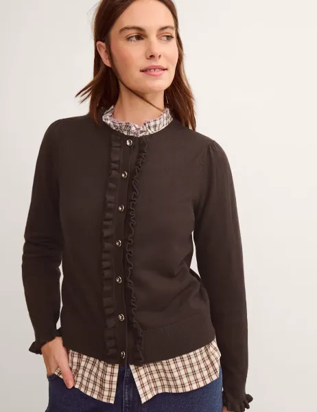 Monsoon Crew Neck Ruffle Button Front Cardigan Chocolate