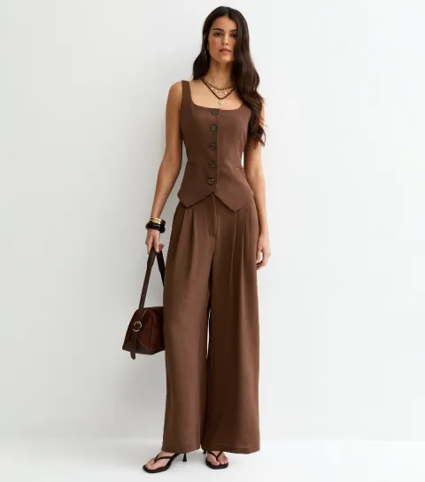 New Look Women's Dark Brown Wide Leg Pleated Trousers