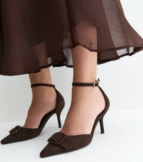 New Look Women's Dark Brown Buckle Front Stiletto Open Court Shoes Vegan