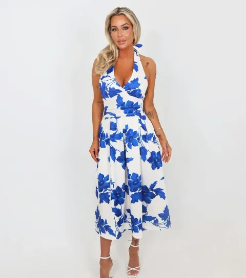 Women's Blue Tie Halter Neck Midi Dress
