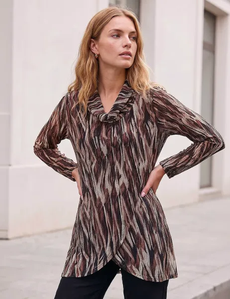 Roman Abstract Print Cowl Neck Tunic Top Beige