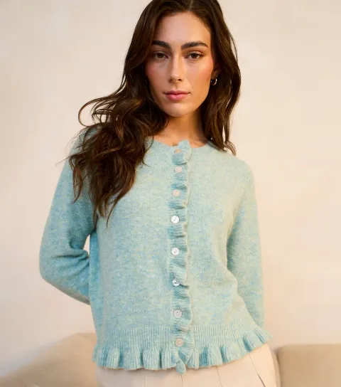Women's Light Green Ruffle Trim Cardigan