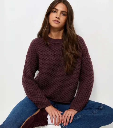 Women's Dark Burgundy Chunky Knit Crew Neck Jumper