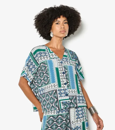 Women's Blue Scarf Print Button Front Top