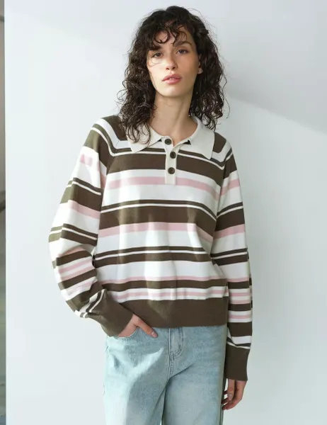 French Connection Striped Polo Neck Jumper Khaki Mix