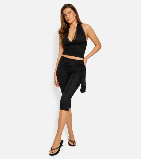 Women's Black Lace Halter Neck Crop Top