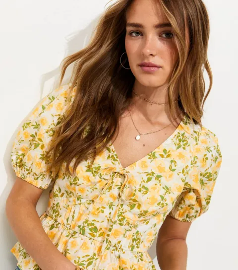 Women's Yellow Floral Print V-Neck Top