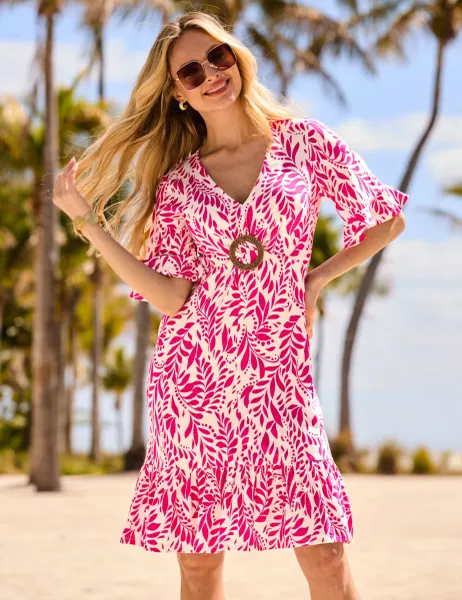 SOSANDAR Floral V-Neck Hoop Detail Mini Waisted Dress Pink Mix