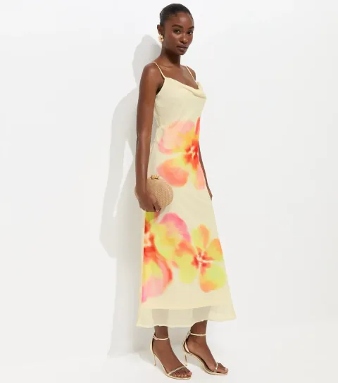 Women's Cream Hibiscus Chiffon Cowl Neck Midi Dress