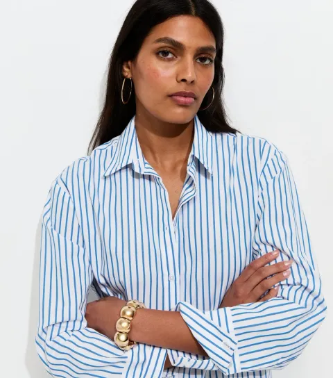 Women's Blue Cotton Striped Oversized Shirt