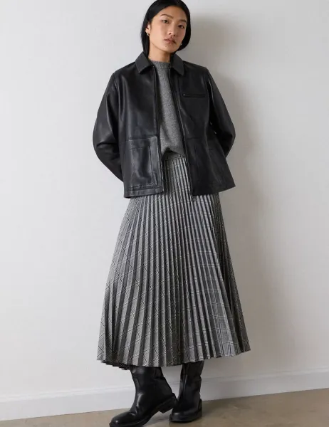 Whistles Checked Pleated Midi A-Line Skirt Grey Mix