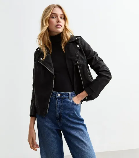 New Look Women's Black Leather-Look Biker Jacket