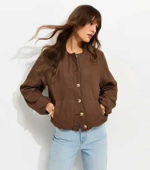 New Look Women's Tall Dark Brown Linen Blend Button Through Bomber Jacket