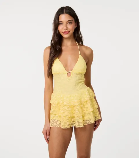 Women's Light Yellow Lace Halter Neck Mini Dress
