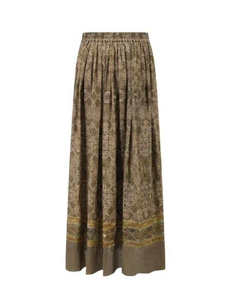 Women Moss Green Tone-on-Tone Printed Linen Skirt
