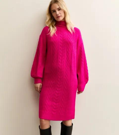 Women's Bright Pink High Neck Jumper Dress