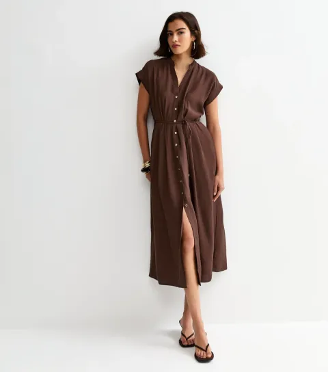 Women's Dark Brown Toggle Shirt Midi Dress