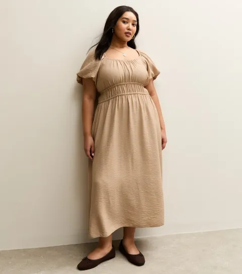 Women's Plus Size Camel Milkmaid Midi Dress Curves
