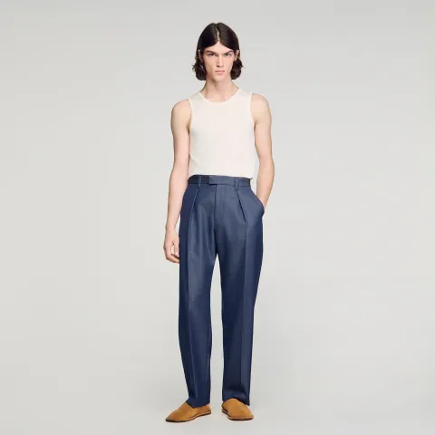 Pleated denim-effect trousers