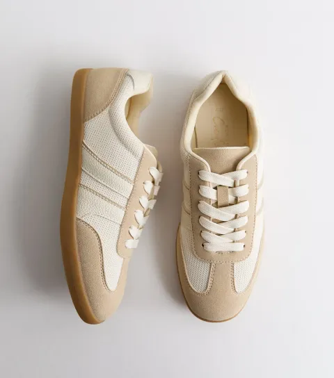 Women's Off White Mesh and Faux Leather Gum Sole Trainers Vegan