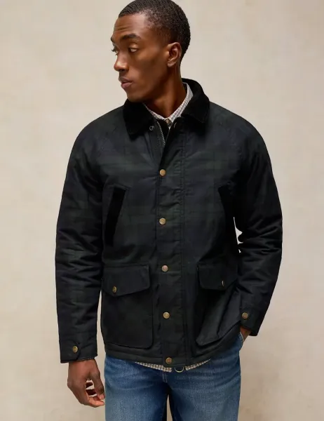 White Stuff Pure Cotton Checked Padded Waxed Jacket Navy Mix