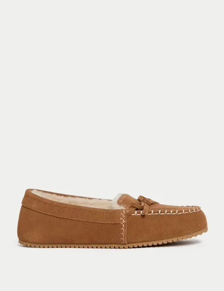 Marks & Spencer Suede Stitch Detail Moccasin Slippers Tan