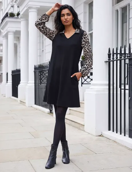 Roman 2 in 1 Animal Print Shirt Mini Swing Dress Black
