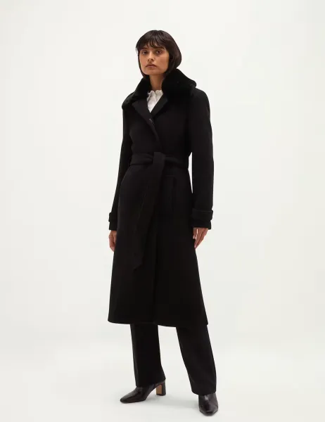 Wool Rich Faux Fur Collar Overcoat with Cashmere Black