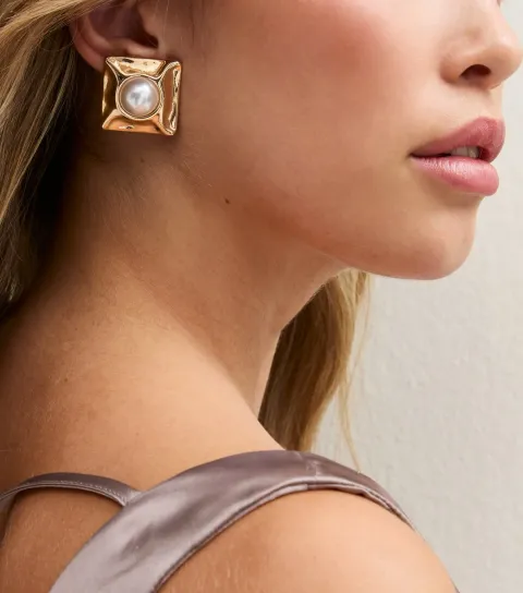 New Look Gold Tone Faux Pearl Square Stud Earrings