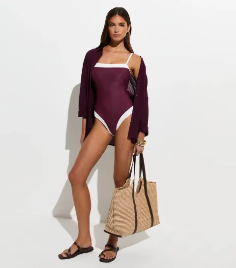 Women's Dark Burgundy Contrast Trim Square Neck Swimsuit