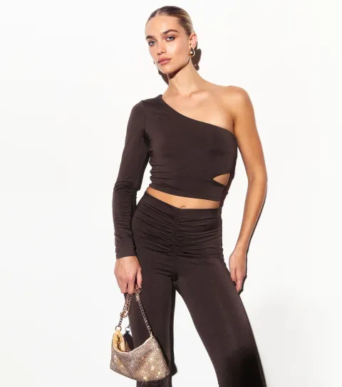 New Look Women's Brown One Shoulder Long Sleeve Crop Top
