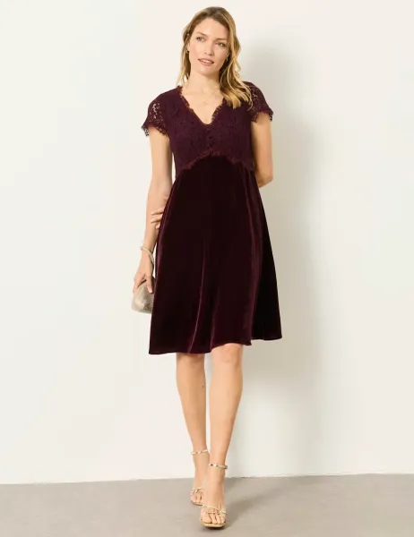FatFace Velvet Lace Detail V-Neck Mini Waisted Dress Burgundy