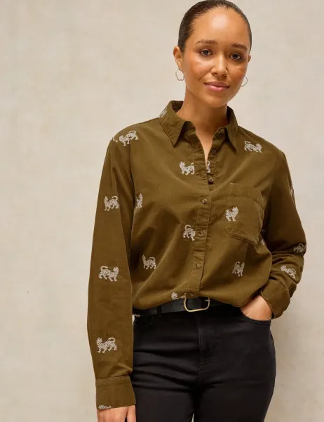 White Stuff Pure Cotton Cord Embroidered Shirt Khaki