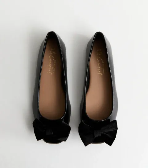 Women's Extra Wide Fit Black Bow Front Faux Patent Ballerina Flats Vegan