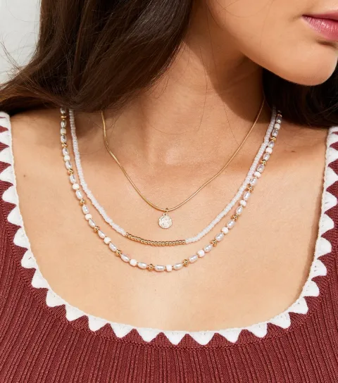 Gold Tone 3 Layer Beaded Faux Pearl Necklace