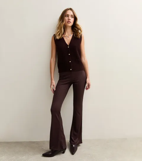 Women's Burgundy Ribbed Jersey Flared Trousers