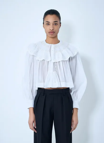 Cotton Blouse with Ruffled Collar