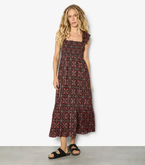 Women's Black Floral Square Neck Tiered Midi Dress