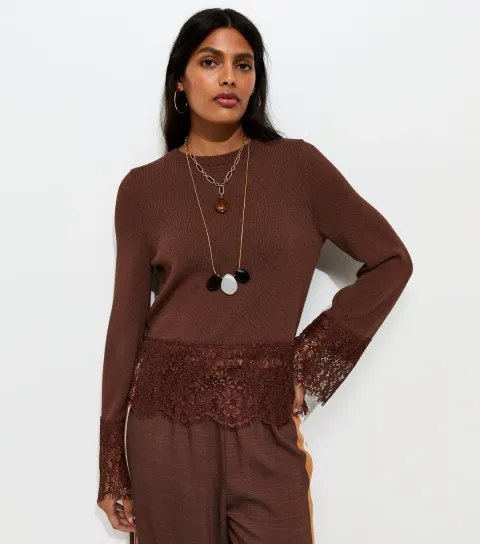 Women's Dark Brown Scalloped Lace Hem Jumper