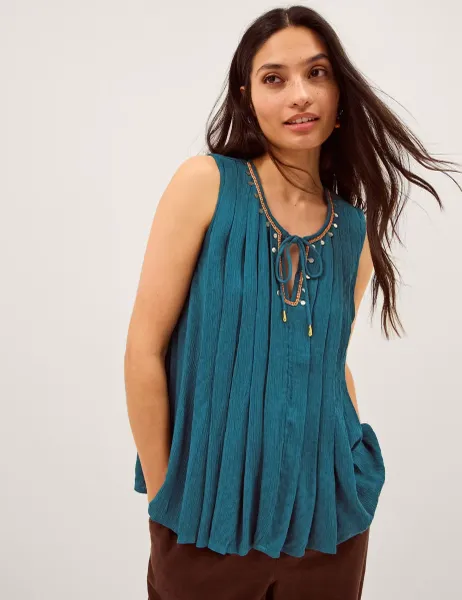 Monsoon Embellished Pleated Tie Detail Tank Top Teal