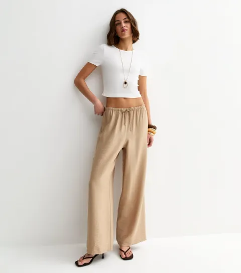 Women's Stone Crinkled Wide Leg Drawstring Trousers