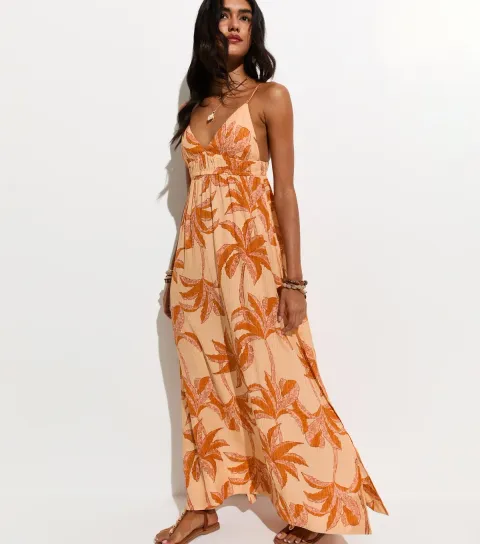 Women's Orange Palm Tree Print Beach Maxi Dress