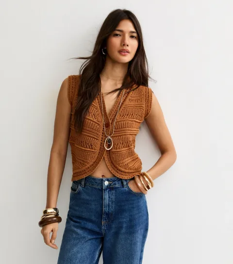 New Look Women's Tan Knit Lader Stitch Waistcoat