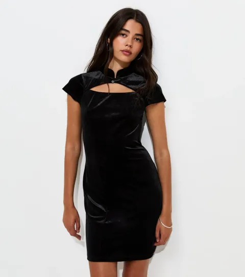New Look Women's Black Velvet Keyhole High Neck Mini Dress