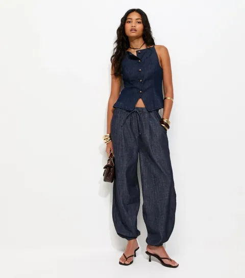 Women's Navy Denim Tapered Balloon Leg Trousers