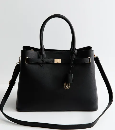Black Textured Faux Leather Belted Tote Bag Vegan