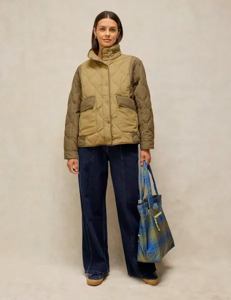 White Stuff Textured Colour Block Quilted Puffer Jacket Khaki